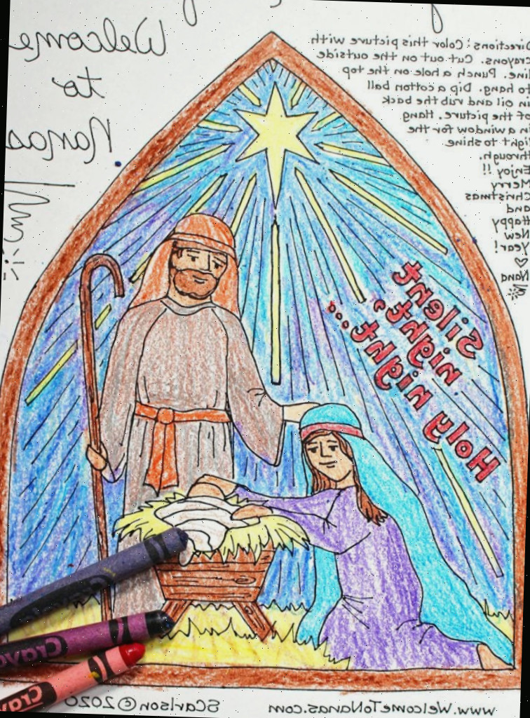 Página de colorir da cena de natividade finalizada com Maria, José e o bebê Jesus.