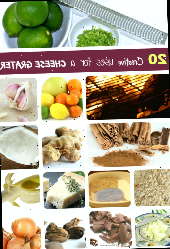 20 usos criativos para um ralador de queijo Imagens de um ralador de queijo com limas, alho, canela, cebolas, chocolate e outros alimentos. Texto sobreposto: 20 maneiras criativas de usar um ralador de queijo