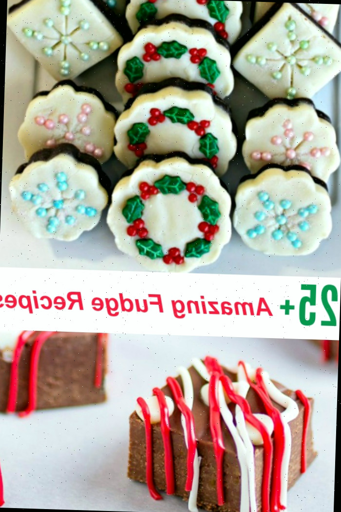 25 receitas de fudge pedaços de fudge em uma colagem com texto dizendo