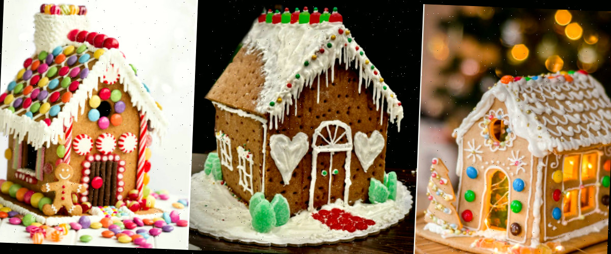 Casas de gengibre em uma montagem mostrando como utilizar balas de caramelo (butterscotch), bastões de doce, pastilhas de hortelã (peppermints) e M & Ms.