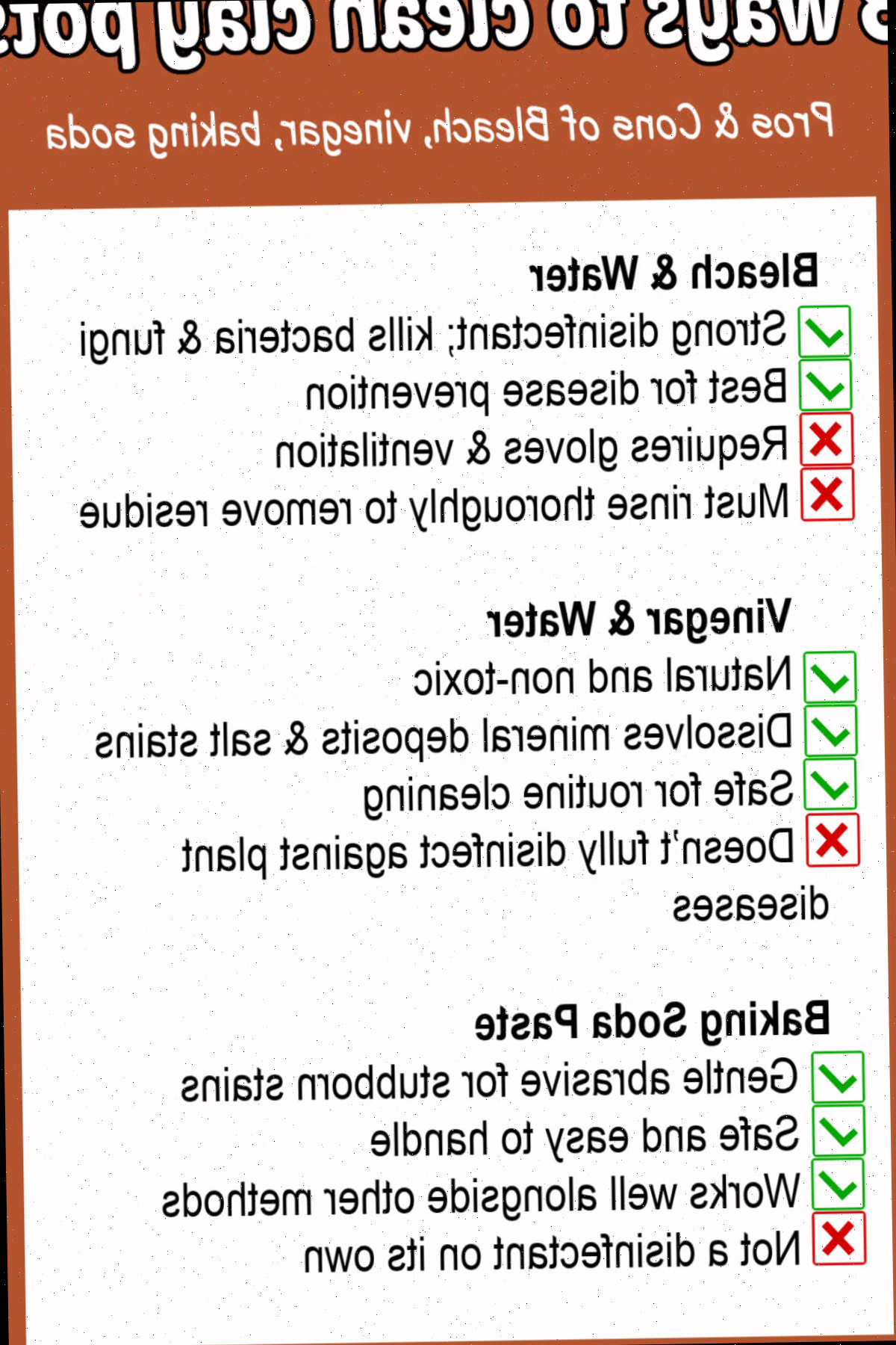 Uma infografia mostrando os prós e contras de limpar vasos de barro com água sanitária, vinagre e bicarbonato de sódio.