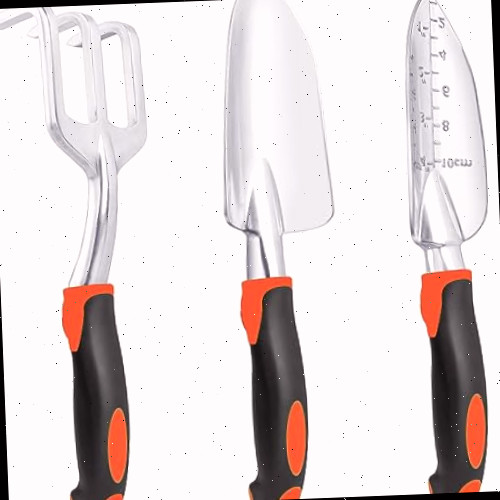 Kit de ferramentas de jardinagem, conjunto com 3 ferramentas robustas incluindo pá, pazinha de transplantação e ancinho manual com cabo ergonômico, liga de alumínio para plantio, laranja