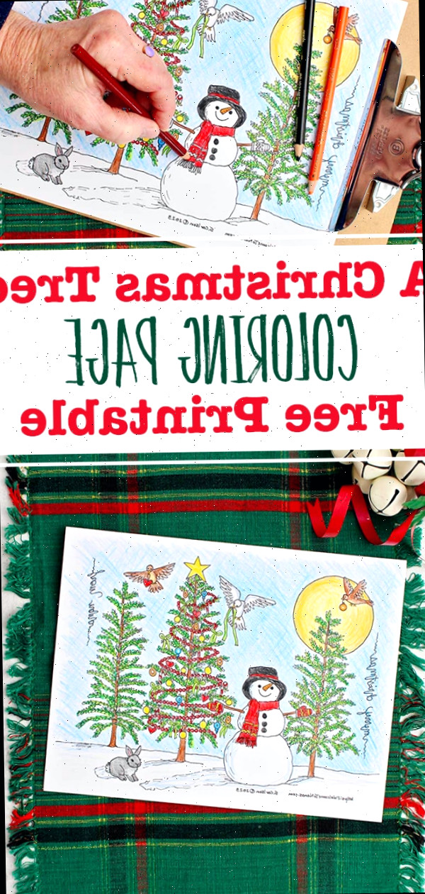 Duas folhas de colorir de Árvore de Natal completadas repousando sobre um caminho de mesa xadrez verde e vermelho.