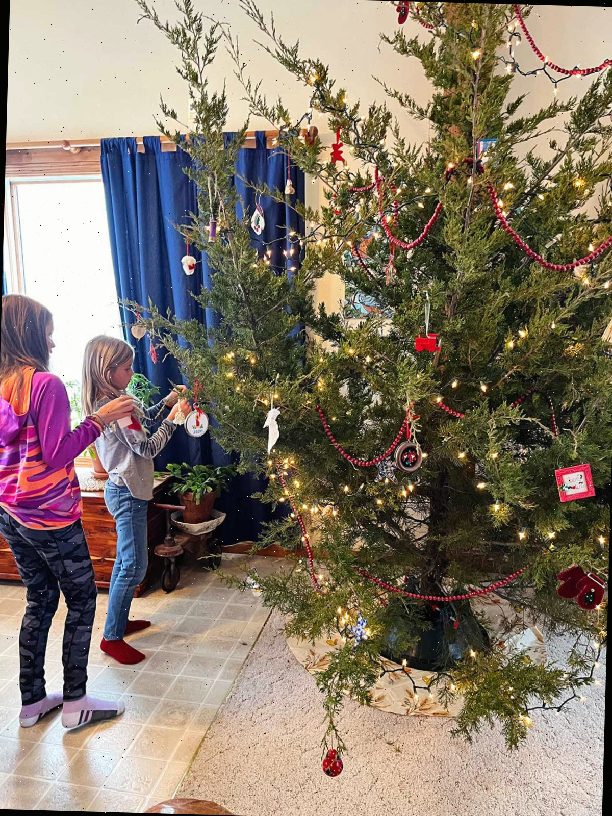 Duas meninas jovens pendurando ornamentos em uma árvore de Natal.
