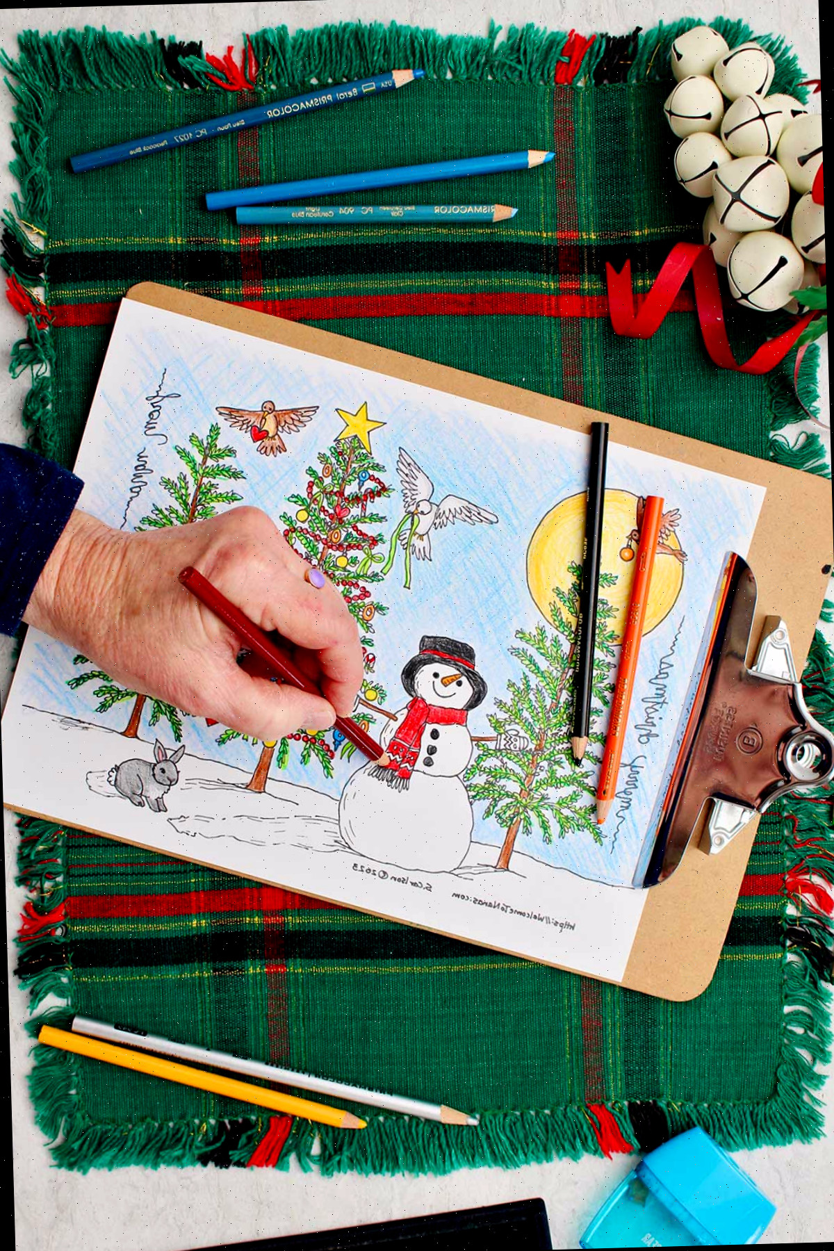 Mão colorindo o cachecol do boneco de neve de vermelho na página para colorir da árvore de natal.