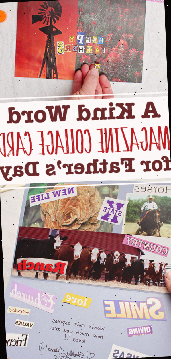 Duas imagens de um cartão de colagem da revista para o Dia dos Pais apresentando palavras e frases, além de uma foto de uma vaca, moinho de vento e diversas outras imagens recortadas de uma revista.