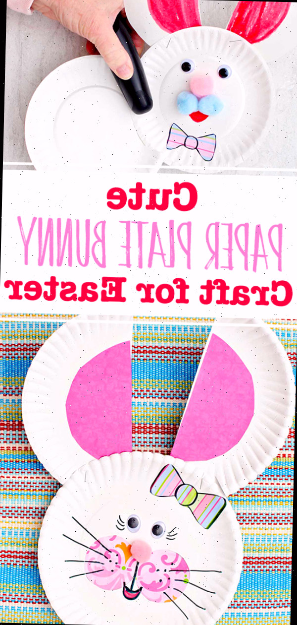 Duas imagens de adoráveis criações de coelho feitas com pratos de papel, papel colorido, pompons e olhos googly.