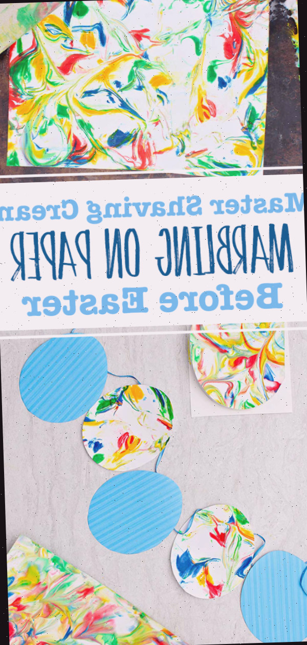 Duas imagens, uma de papel com marbrado colorido e outra mostrando ovos de papel alternando entre azul e marbrado em uma fita.