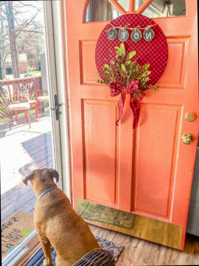 guirlanda xadrez buffalo na porta de entrada coral com cachorro