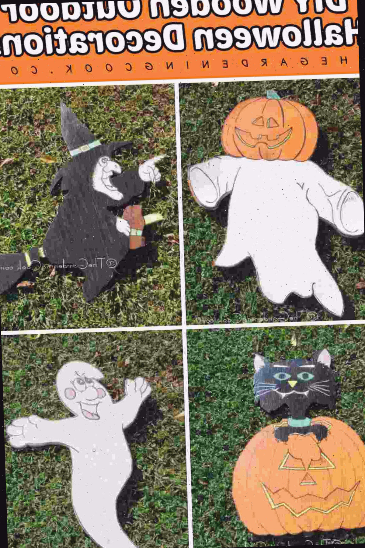 decorações ao ar livre de Halloween em madeira Uma colagem de quatro decorações de madeira de Halloween (fantasma de abóbora, bruxa, gato na abóbora e fantasma) com uma sobreposição de texto na parte superior que diz decorações de madeira ao ar livre de Halloween DIY.