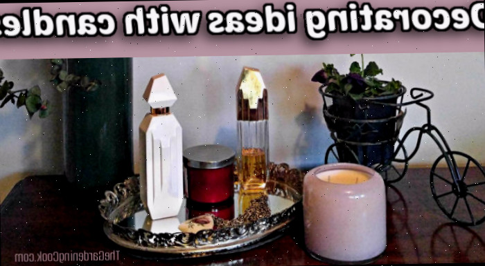 Velas e perfume em uma cômoda em um quarto. Caixa de texto rosa diz ideias de decoração com velas.