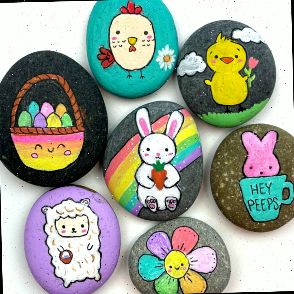 Ideias de pedras pintadas de Páscoa - Existem 6 pedras decoradas com distintos padrões