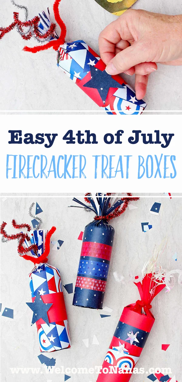 Três caixas de guloseimas em forma de fogos de artifício decoradas com papéis vermelhos, brancos e azuis e fita washi, com alguns retalhos de papel festivo espalhados ao redor e uma imagem de uma pessoa colocando uma estrela de papel azul na caixa de guloseima finalizada.