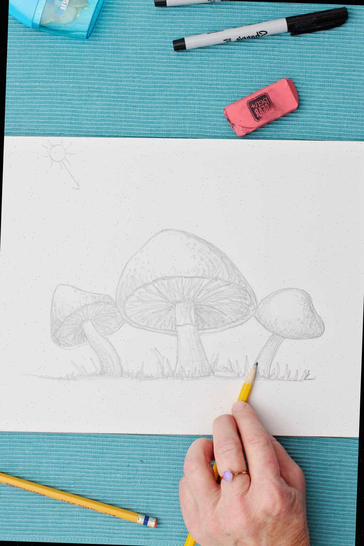 Um desenho a lápis de cogumelos