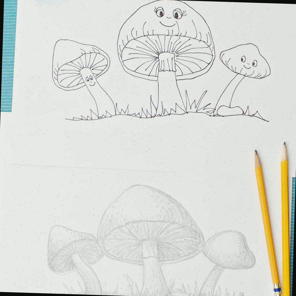Desenho de um cogumelo em dois estilos diferentes com lápis e canetas