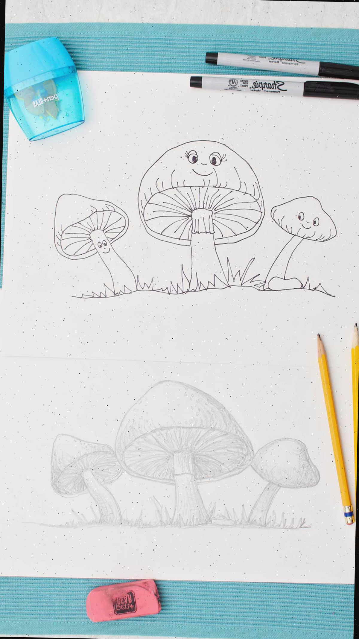 Um desenho de cogumelo em dois estilos distintos usando lápis e canetas