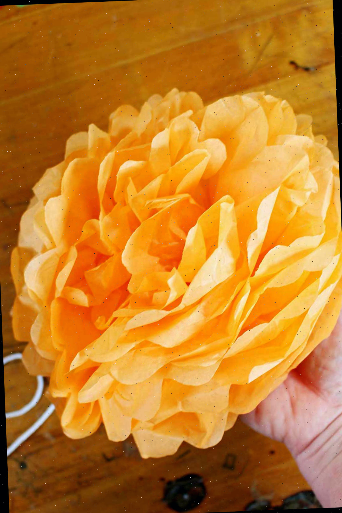 Mão segurando uma flor de papel de seda laranja finalizada.