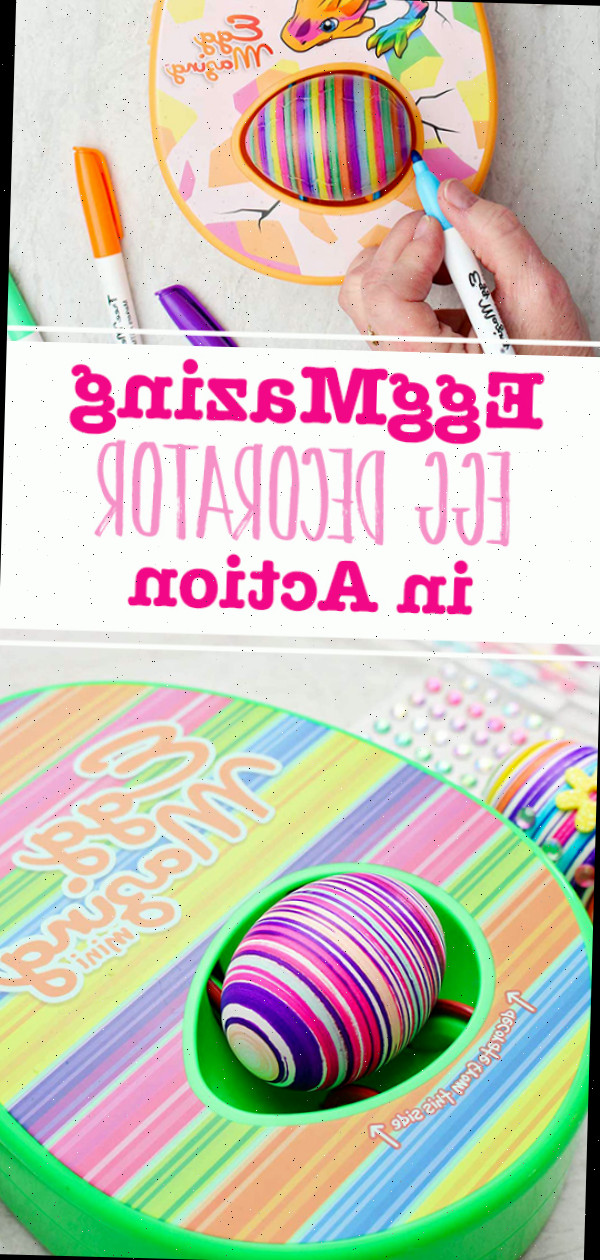 Imagens de dois designs distintos de kits EggMazing com ovos coloridos dentro.
