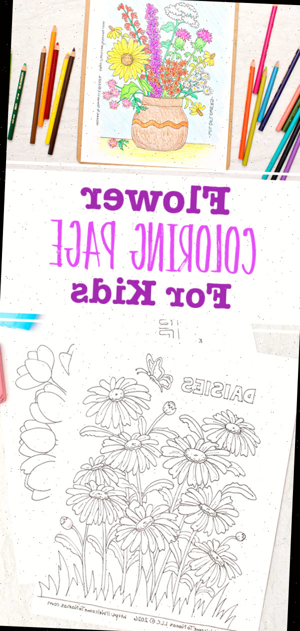 Uma imagem com uma página de colorir finalizada em uma prancheta de um vaso repleto de flores silvestres e uma imagem com algumas páginas de colorir em branco.