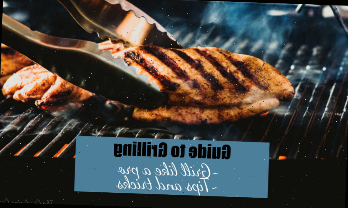Guia para grelhar Tenaz segurando frango em uma grelha e as palavras Guia para grelhar.