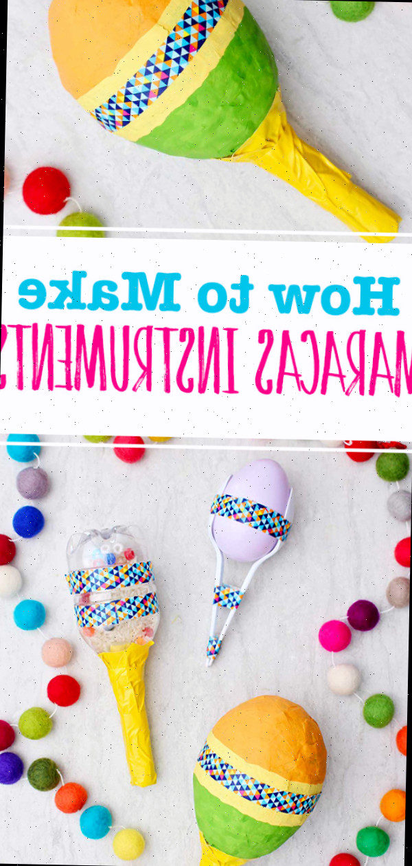 Imagens de maracas completas em três designs distintos com pom pons coloridos ao lado.