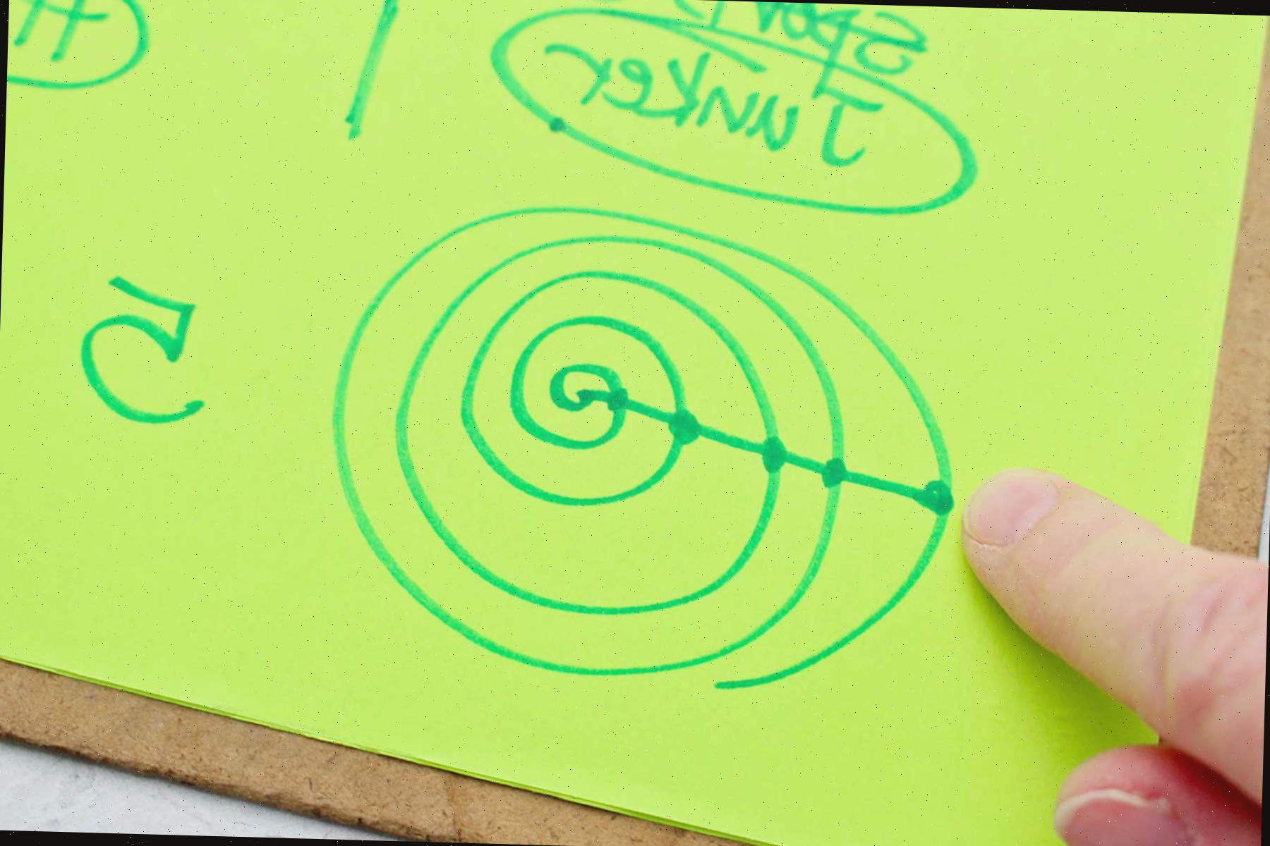 Uma pessoa mostrando o desenho de espiral e ponto que determina quantos números contar antes de eliminar uma opção em um jogo MASH.