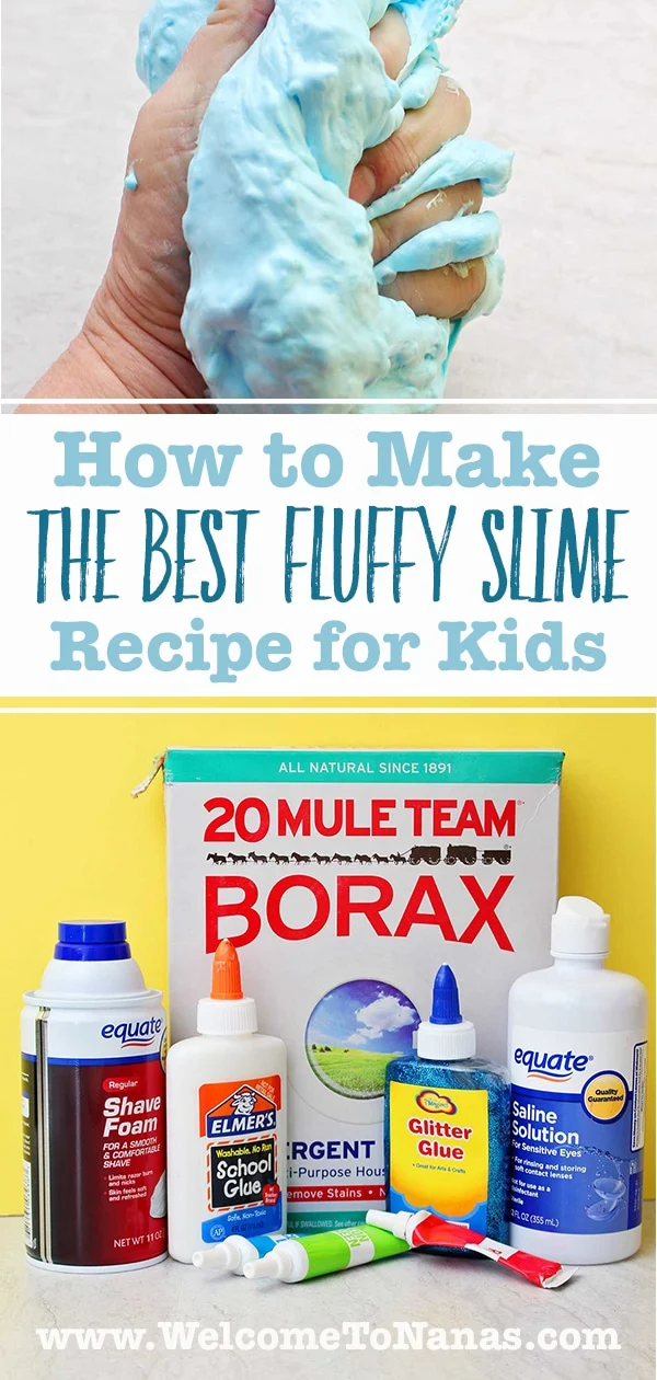 Uma imagem de slime fofo finalizado e todos os ingredientes necessários para prepará-lo contra um fundo amarelo.