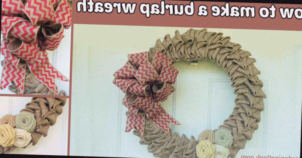 Uma colagem com imagens de uma guirlanda na porta da frente e close-ups do laço e flores. Caixa de texto bege diz Como fazer uma guirlanda de juta.