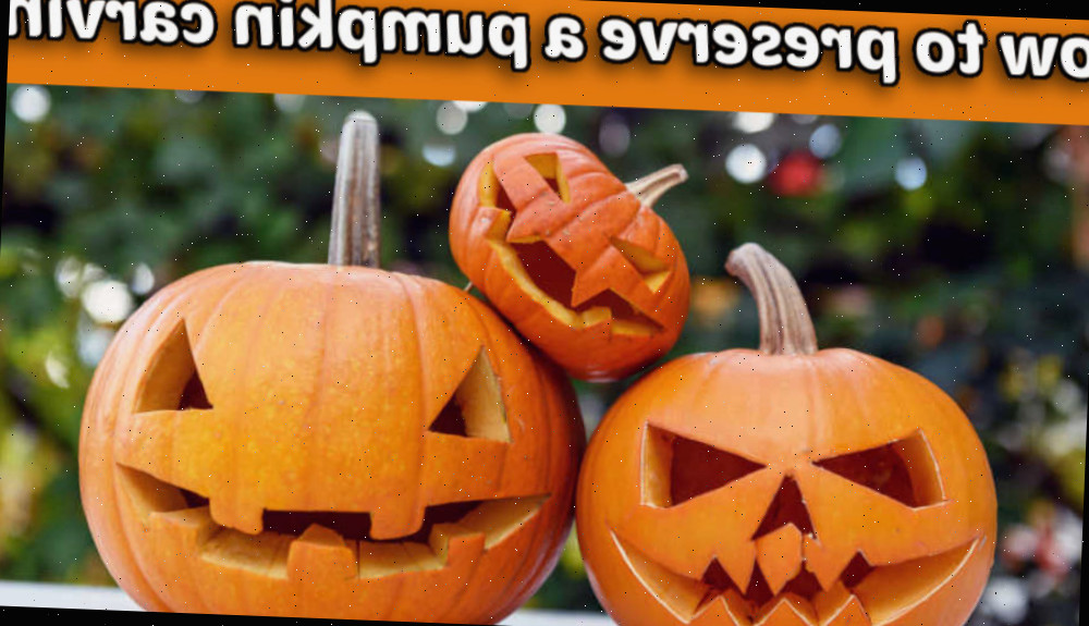 3 jack-'o-lanterns em uma parede ao ar livre. Caixa de texto amarela lê Como preservar uma abóbora esculpida.