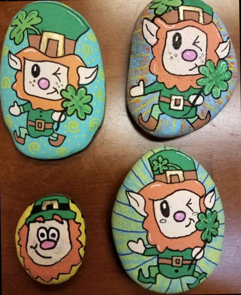 Pedras Decoradas do Dia de São Patrício com leprechauns estilizados