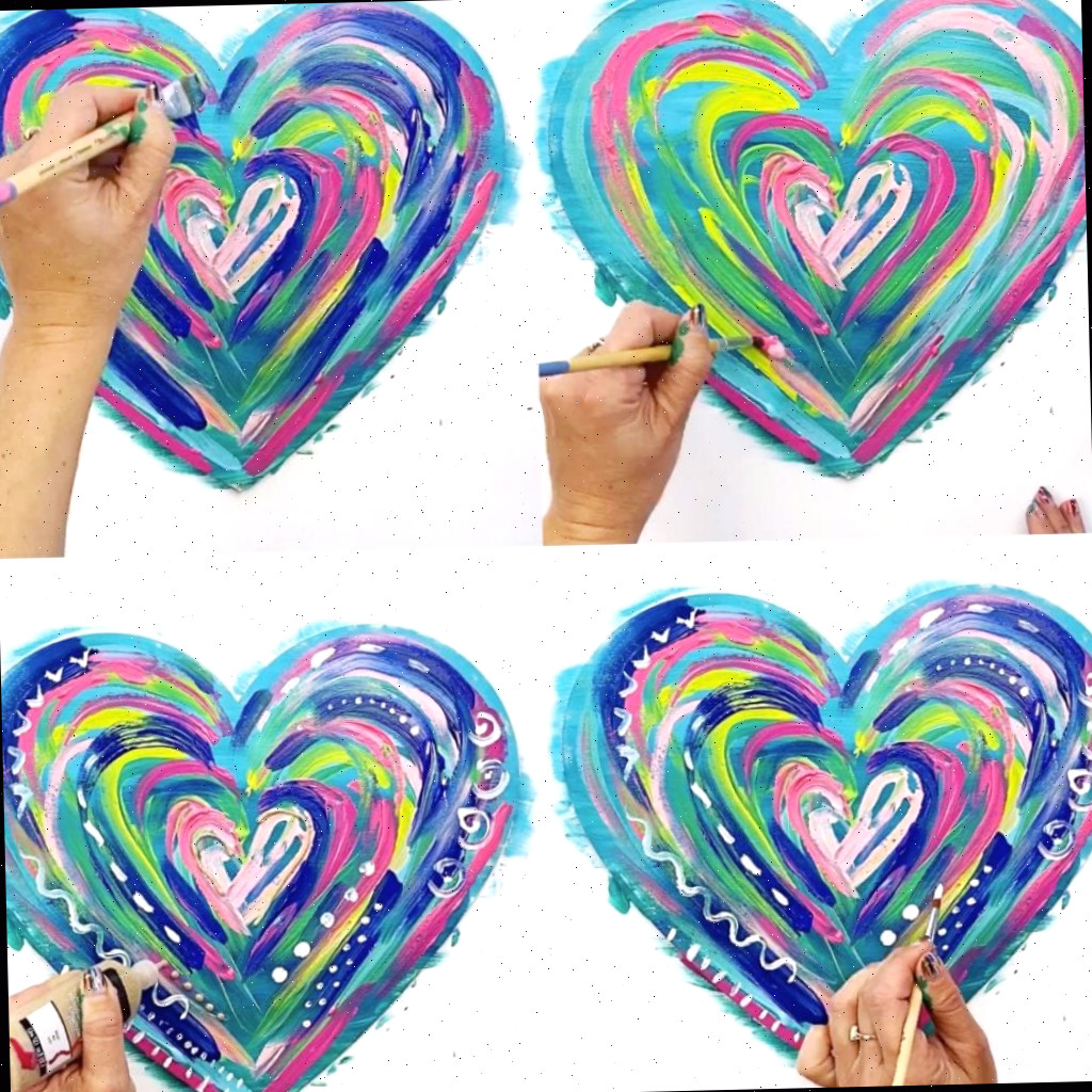 Esta é a segunda imagem do tutorial. Primeiramente, cores claras estão sendo aplicadas para dar mais cor e forma ao coração. Depois, cores mais escuras são adicionadas. Finalmente, designs são acrescentados por cima, primeiro com tinta branca e depois tinta dimensional.