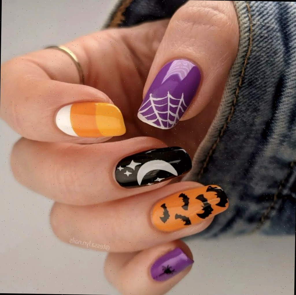 Unhas simples e divertidas de Halloween com morcegos, teias de aranha e bala de goma