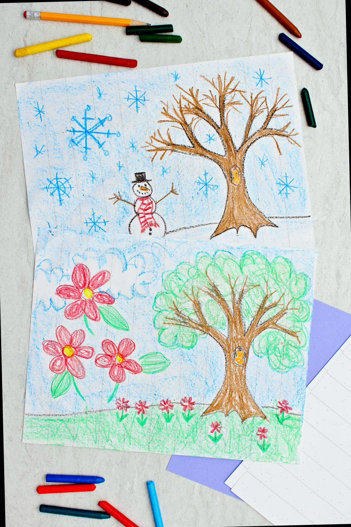 Ilustrações vibrantes de inverno e primavera com marcas sutis de lápis para guiar o artista no corte do desenho em tiras.