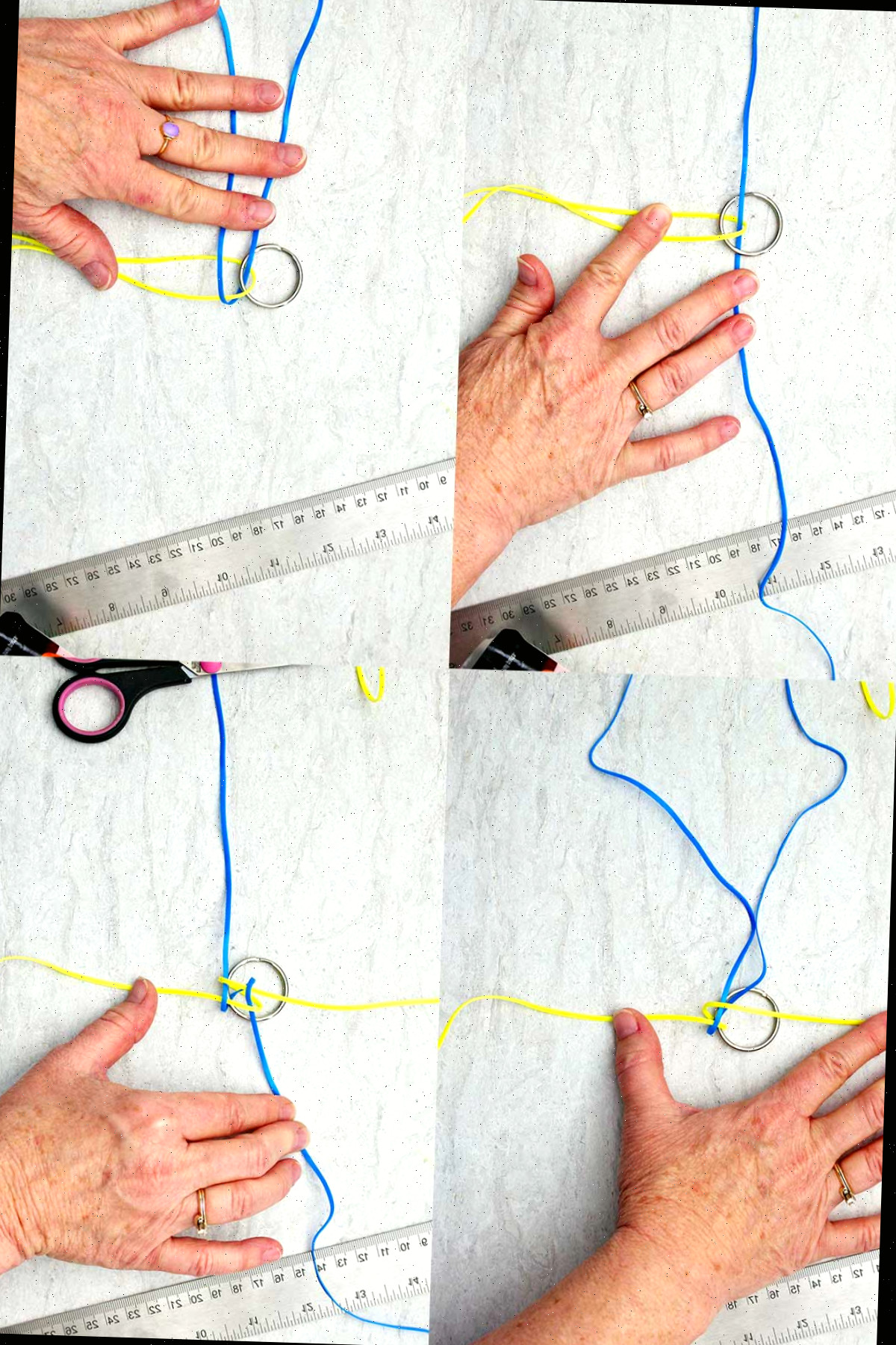 Etapas para tecer um chaveiro boondoggle amarelo e azul.