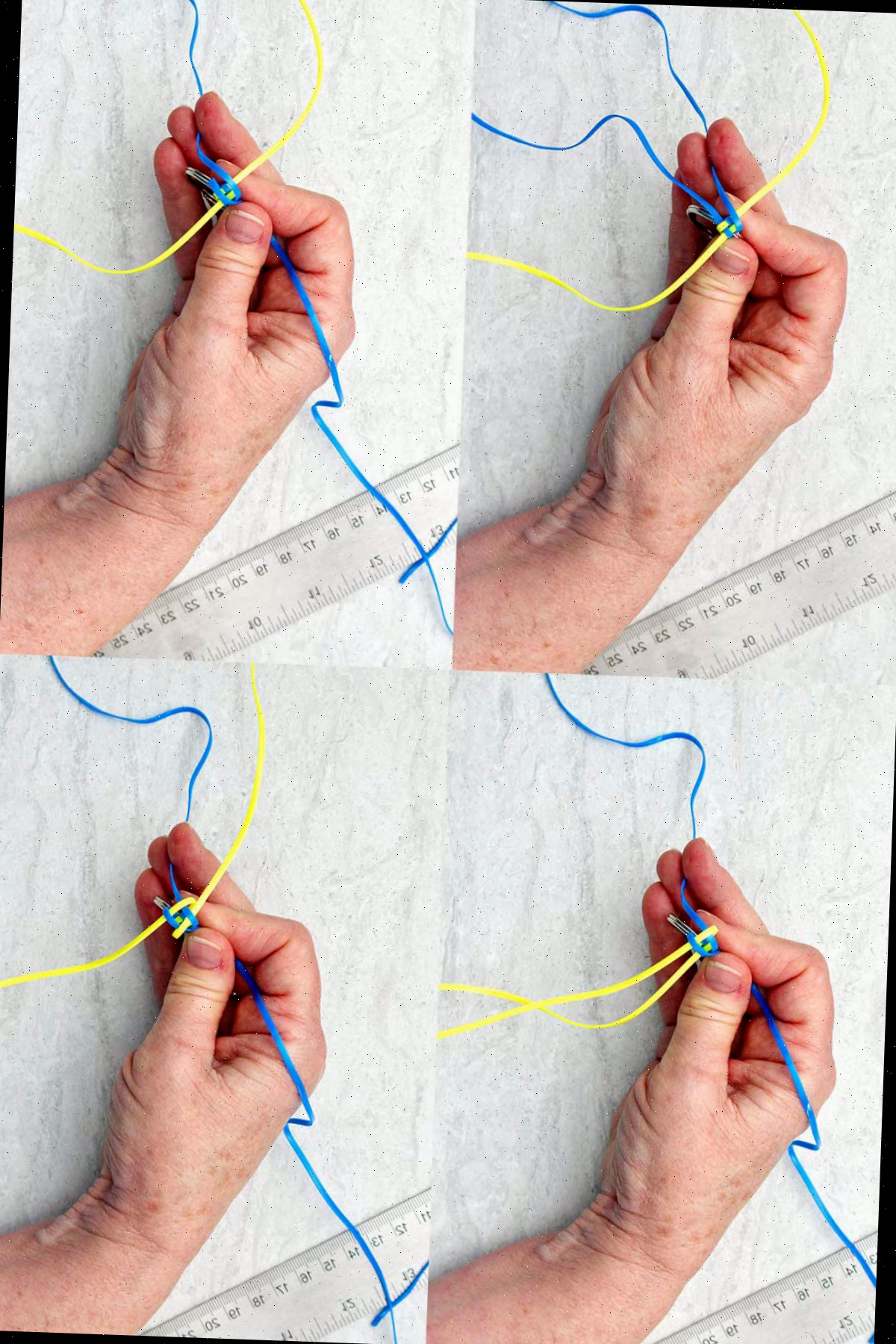 Etapas para entrelaçar um chaveiro boondoggle amarelo e azul.