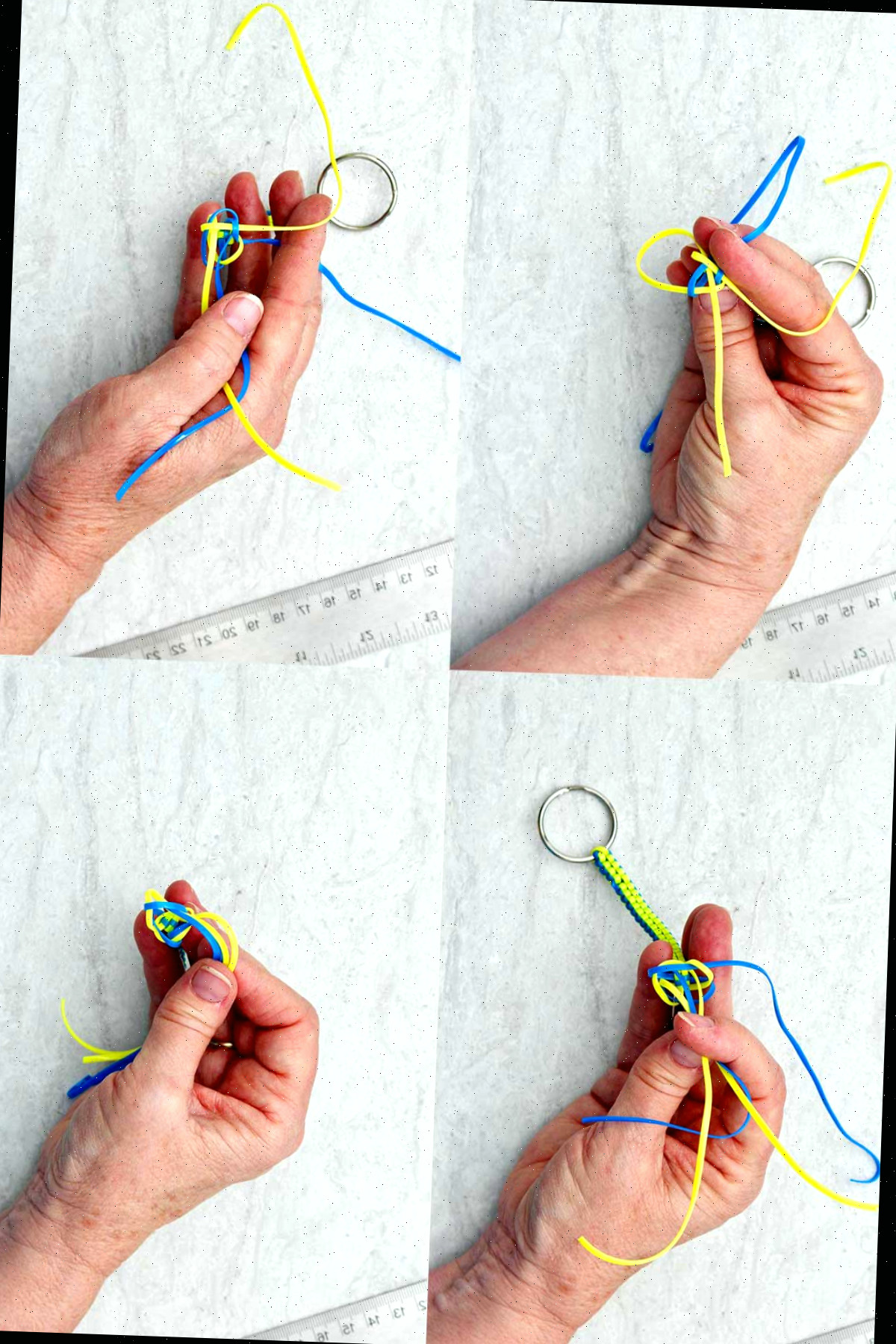 Passos para tecer um chaveiro boondoggle amarelo e azul.