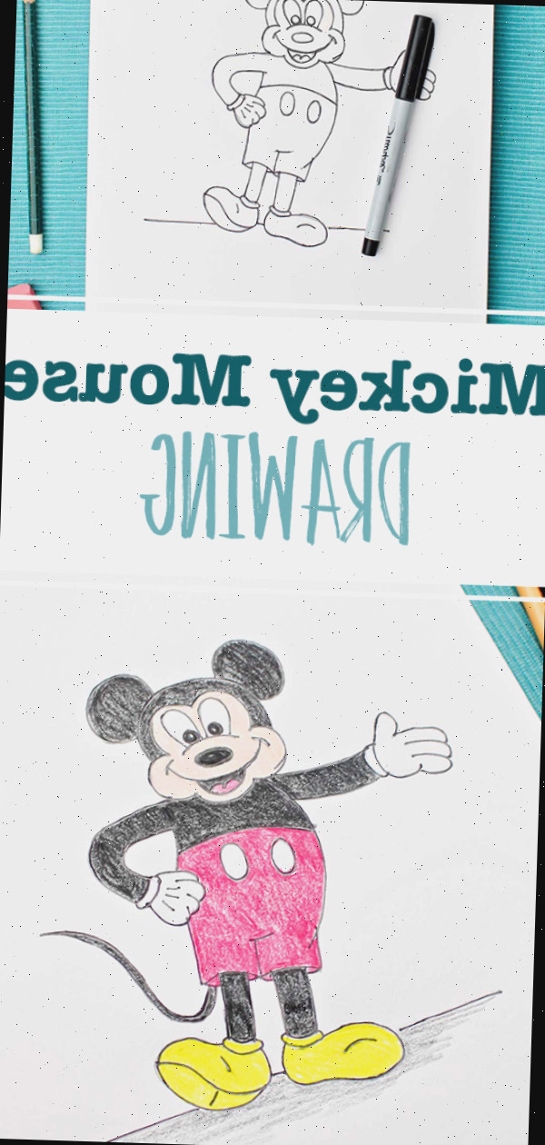 Duas imagens de um esboço do Mickey Mouse. Uma em caneta e uma colorida.