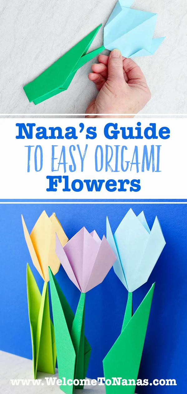 Uma pessoa segurando uma flor de origami azul clara e uma imagem de três flores de origami completas contra um fundo azul vibrante.