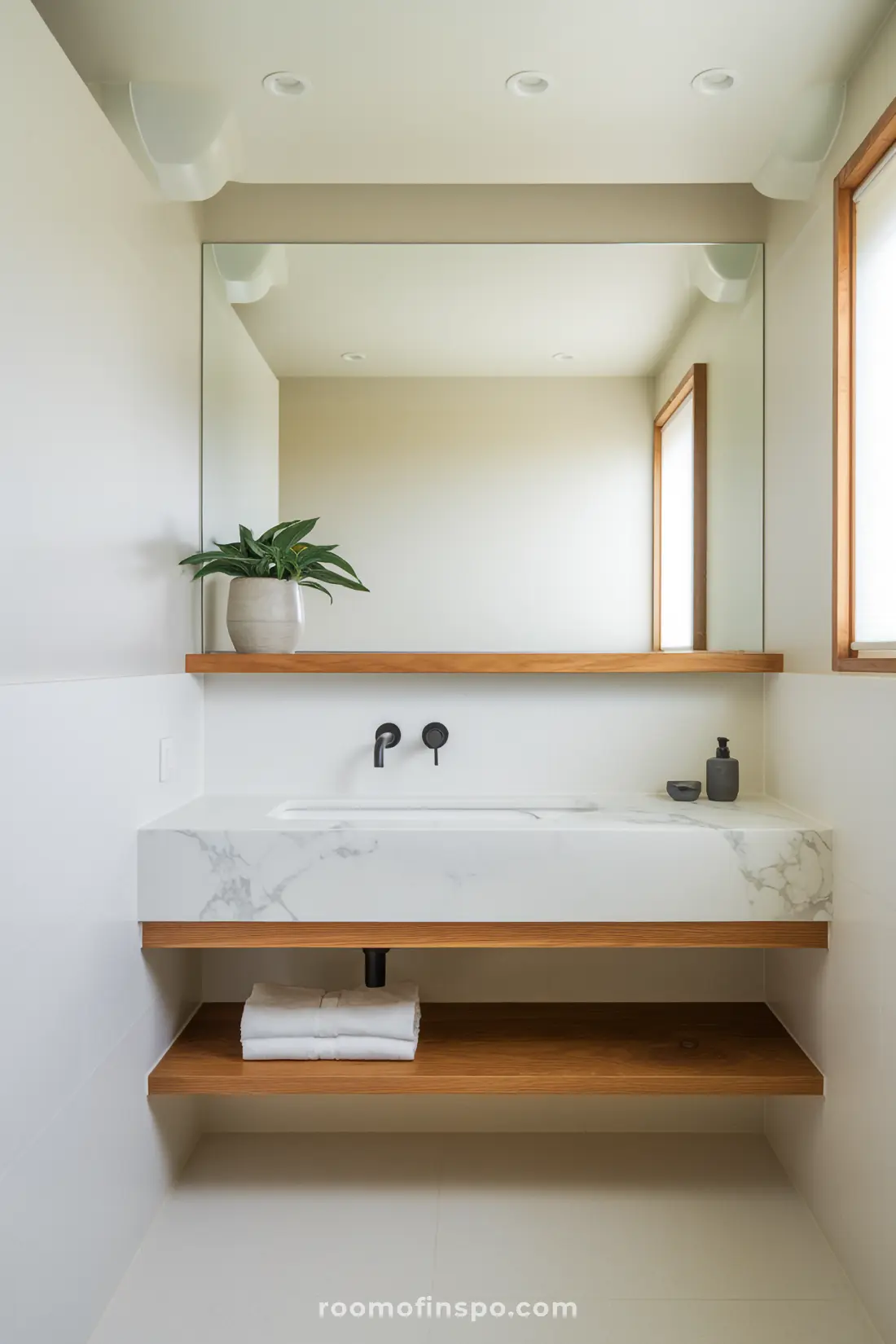 Banheiro Japandi contemporâneo com linhas nítidas e detalhes em madeira acolhedora.
