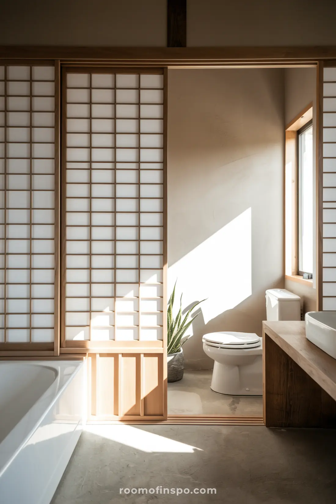 Banheiro Japandi com portas deslizantes sofisticadas e design minimalist.