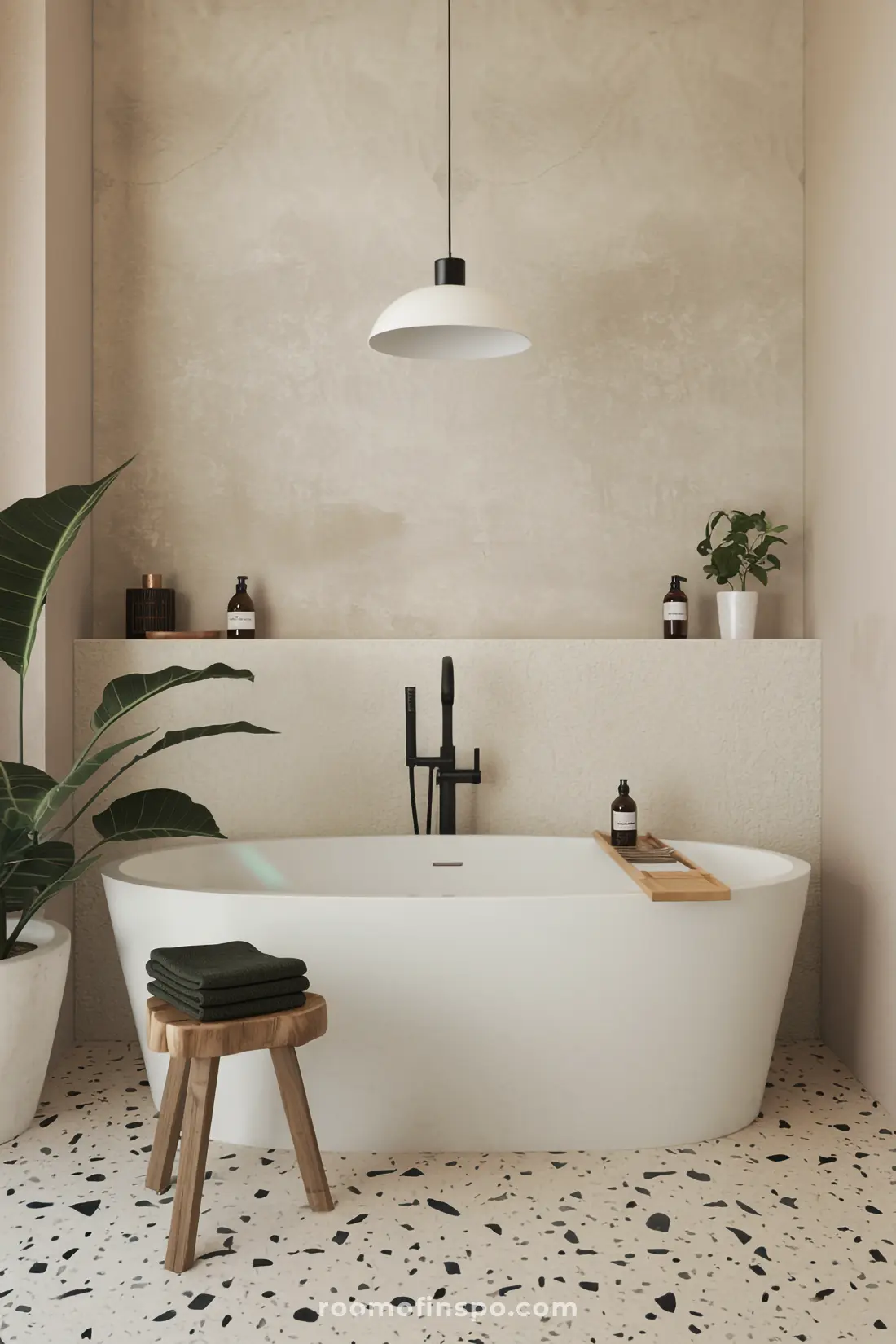 Banheira Japandi com plantas e texturas naturais criando uma sensação de spa.