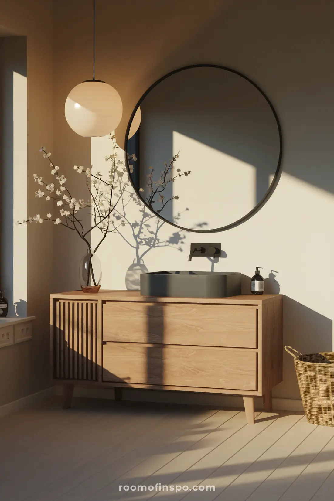 Iluminação Japandi com calor suave e difuso em um banheiro minimalista.