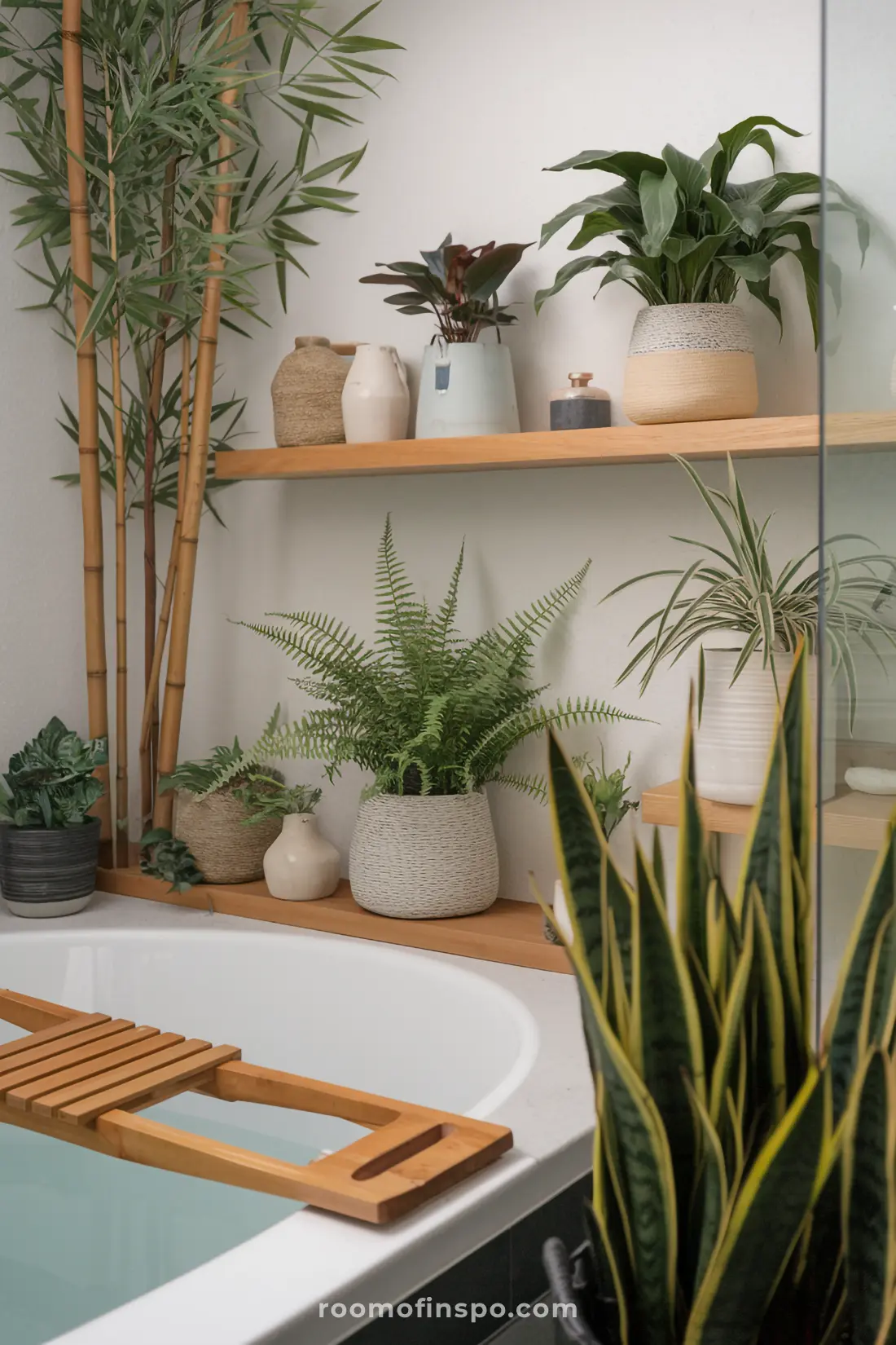 Banheiro Japandi com plantas de bambu e outras espécies japonesas acrescentando vida e frescor natural.