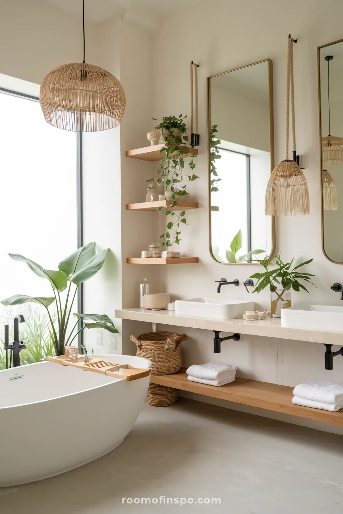 Organização de banheiro Japandi com prateleiras flutuantes.