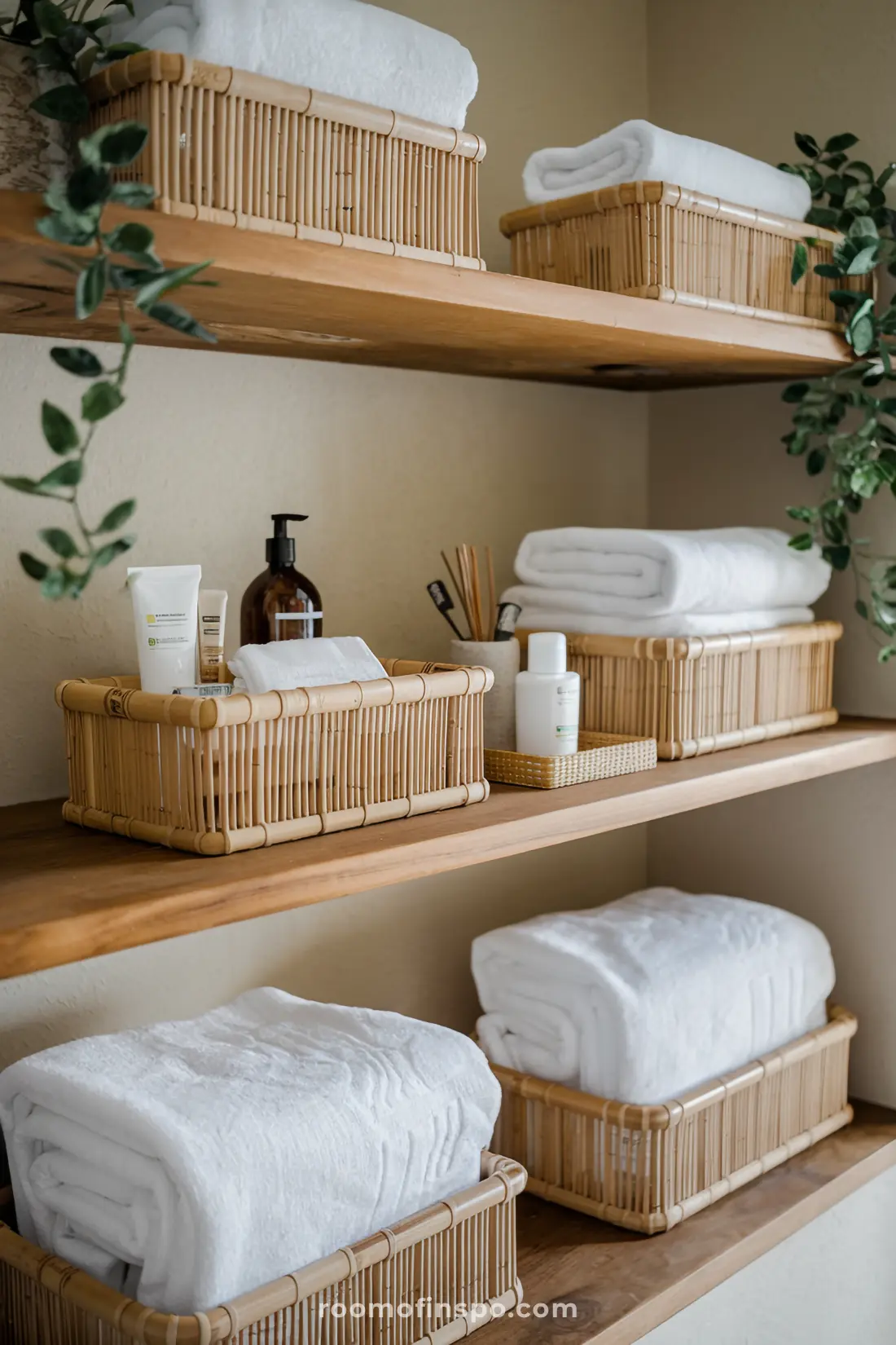 Soluções de armazenamento em bambu para organizar os itens essenciais do banheiro Japandi.