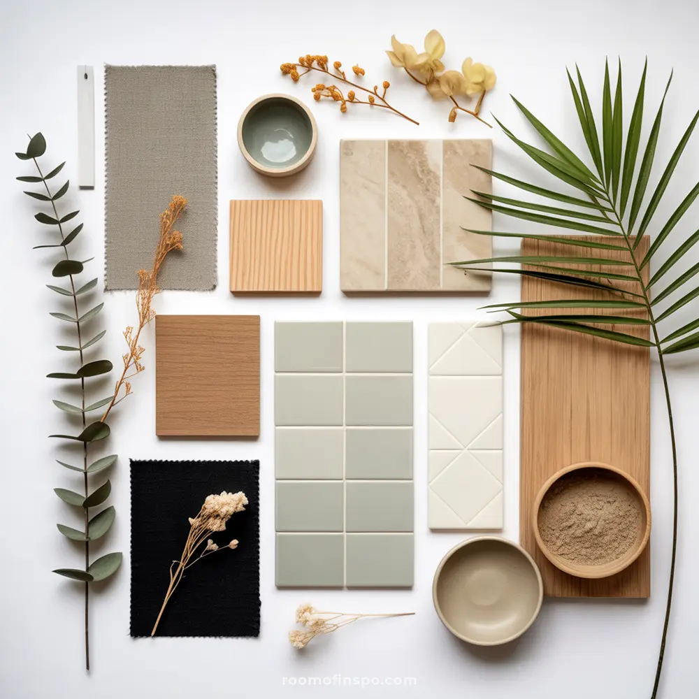 Uma disposição destacando materiais naturais e tons suaves, ideal para um design de banheiro Japandi sereno com têxteis, madeira e azulejos.