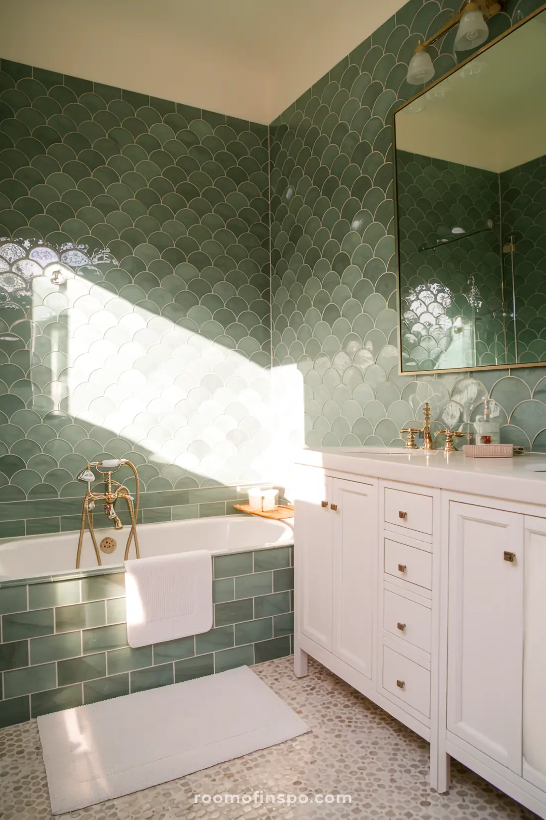 Banheiro com azulejos de sereia em formato de concha verde e decoração natural.
