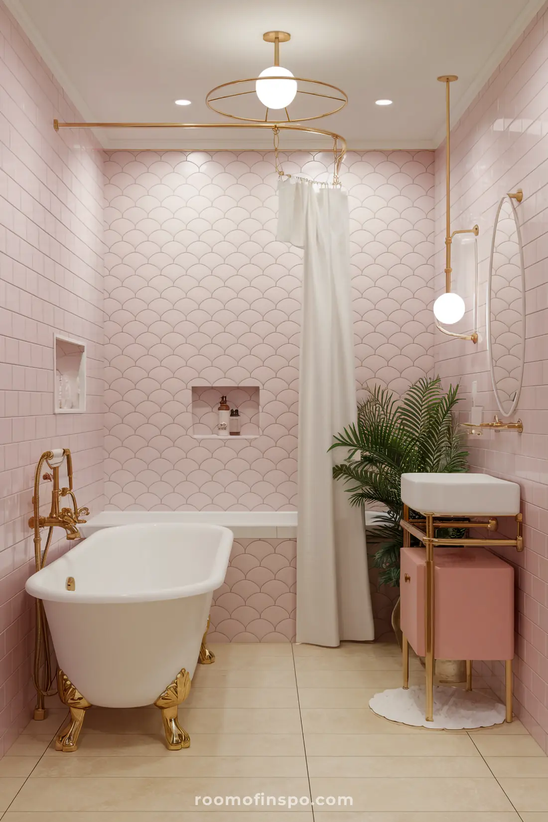 Banheiro com azulejos de sereia rosa, acabamentos dourados e decoração aconchegante.