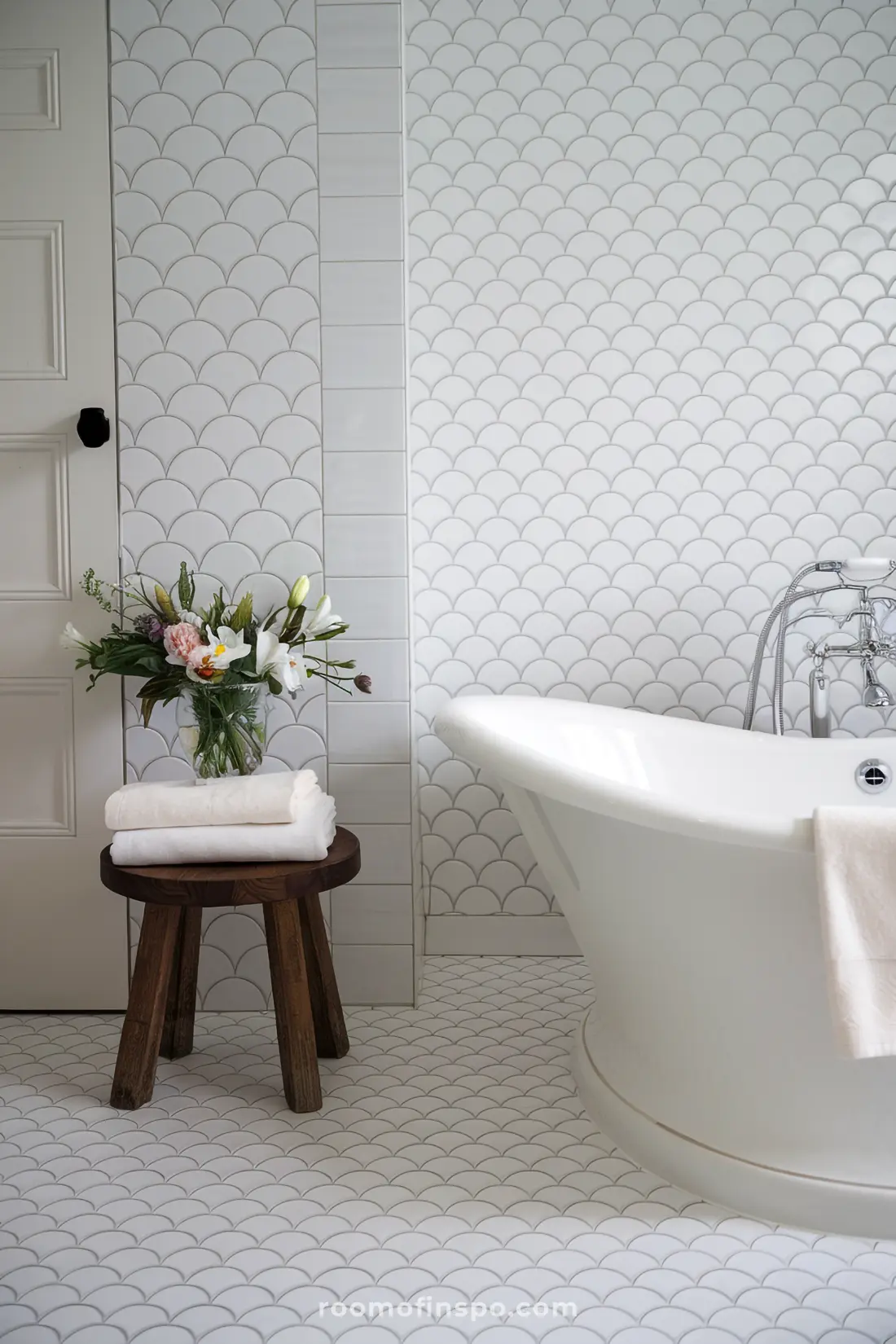 Banheiro com azulejos de sereia brancos e decoração estilo spa.