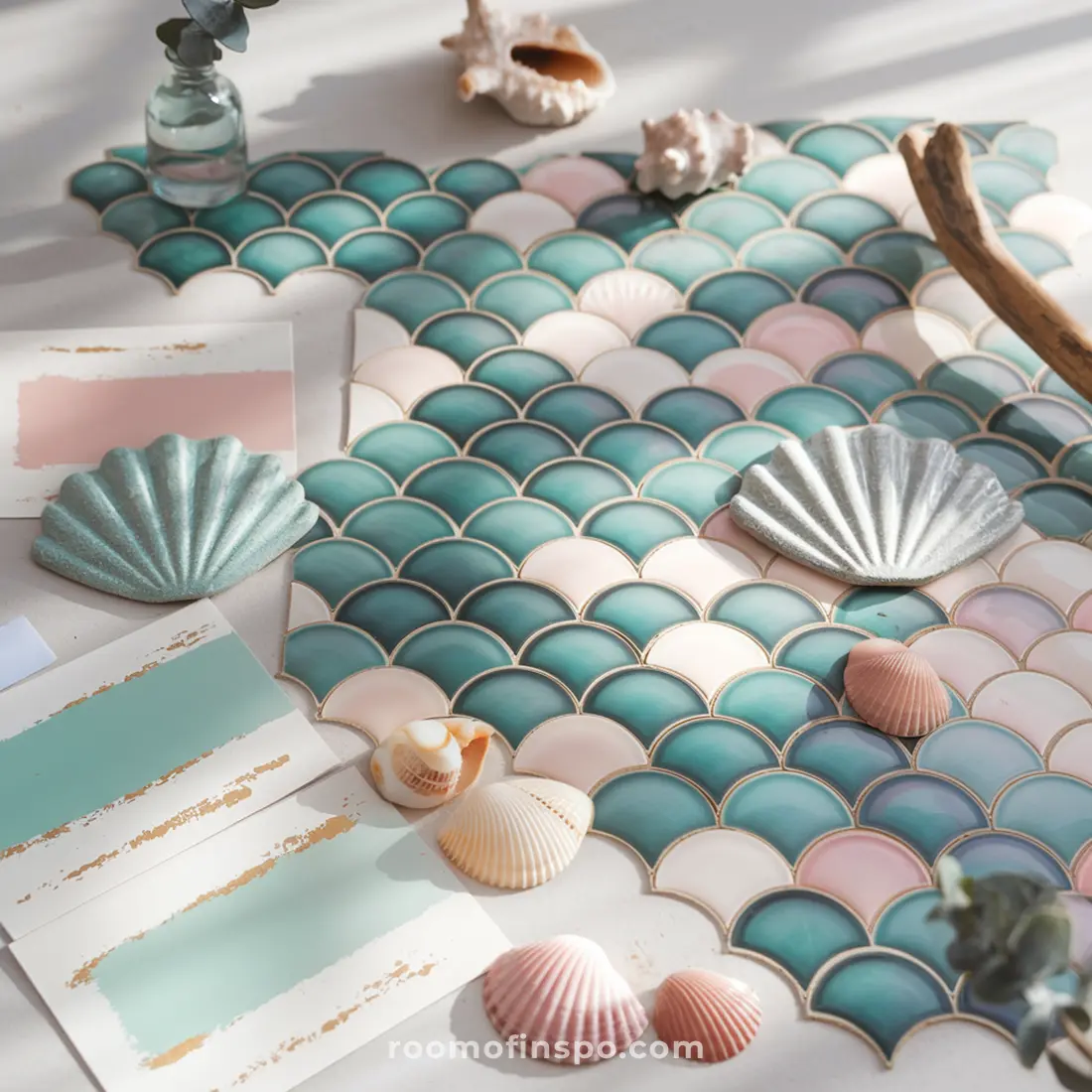Uma seleção de azulejos em forma de escama de peixe em tons pastéis com conchas e amostras de tinta, criando uma estética de design inspirada no litoral.